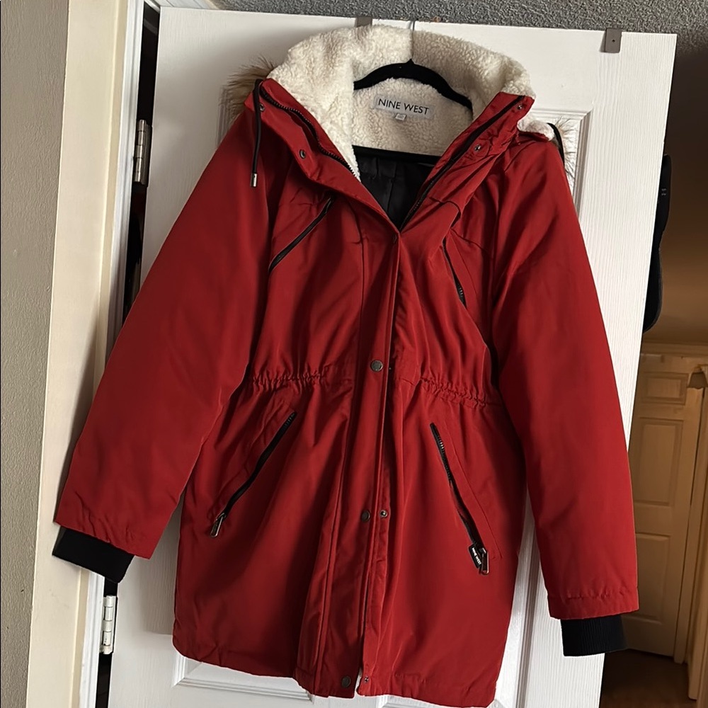 Nine West Red Hooded Puffer Jacket with Faux Shearling Lining